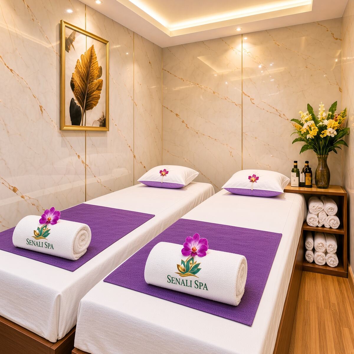 Couples massage room with two side-by-side treatment beds, purple towels and orchids
