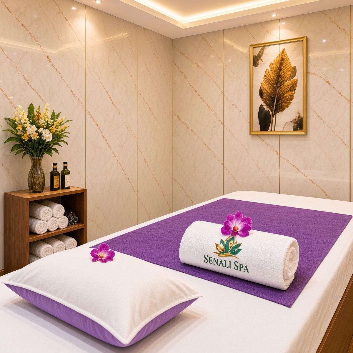 Close-up of a massage bed with a rolled Senali Spa towel, purple mat and pink orchids