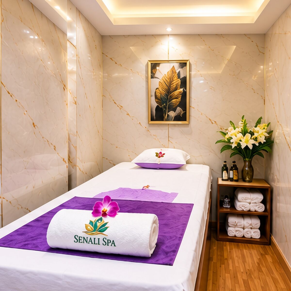 Private massage room with marble walls, a single treatment bed, purple towel and fresh lilies