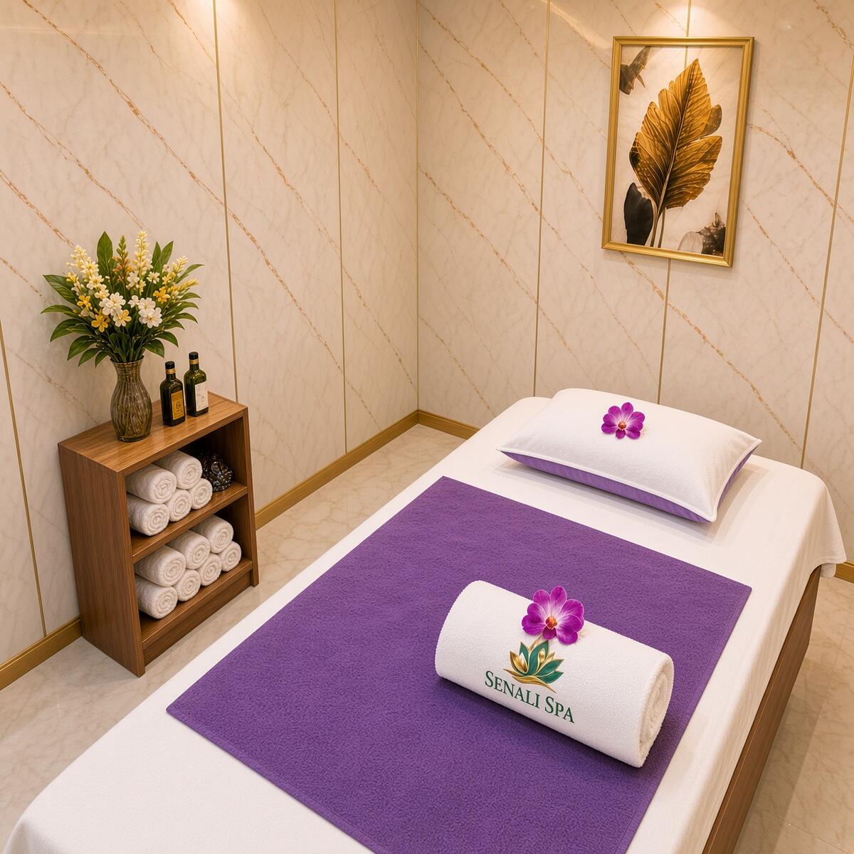 Top-down view of a private treatment room with a massage bed, towel shelf and gold leaf artwork