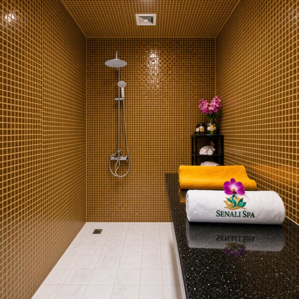 Gold mosaic steam and shower room with a rain shower and a rolled Senali Spa towel on a black granite bench