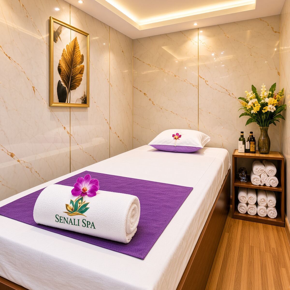Marble treatment room with a made-up massage bed, purple towel, rolled towels and fresh flowers